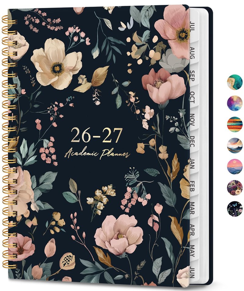 Academic Planner 2026-2027, Weekly and Monthly Calendar Book, July 2026 – June 2027, Hardcover Planner with Tabs, Perfect for Teachers, Students, Women & Men, A5 (6.4" x 8.5") - Evening Petals