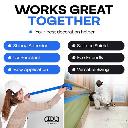 IDL Packaging Premium Masking Kit - 18" x 60 Yards Green Masking Paper (1 Roll) and 1.41" x 60 Yards Blue Tape (1 Roll) - Masking Set to Protect Surfaces - Great for Automotive Industry
