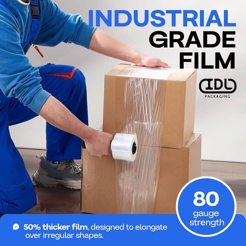 IDL Packaging Stretch Wrap Mini Roll - 3" x 1000' Extra Sticky 80 Gauge with Handle | Ideal for Moving & Office Use