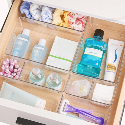 Vtopmart 44 PCS Clear Plastic Drawer Organizers Set, 4-Size Versatile Bathroom and Vanity Organizer Trays, Non-Slip Storage Containers for Makeup, Jewelries, Bedroom，Kitchen Utensils and Office