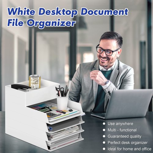 MEAIHOML 6-Pack Stackable File Organizers, Plastic Desk Organizer for Documents, Letters, Files & Magazines, White Office Desk Storage Tray, Paper Holder for Desktop