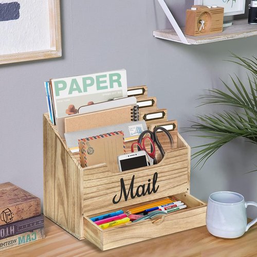 ANRXNCY Desk Mail Holder with 4 Compartments and Drawer, Wood Mail Holder Sorter Holder,Countertop Desk Office Accessories for File Letter Paper Folder, Drawer Organizer