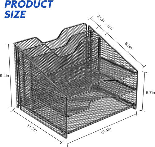 Samstar Desk File Organizer - Mesh Letter Holder with 3 Trays & 2 Upright Sections | Black Office Accessory
