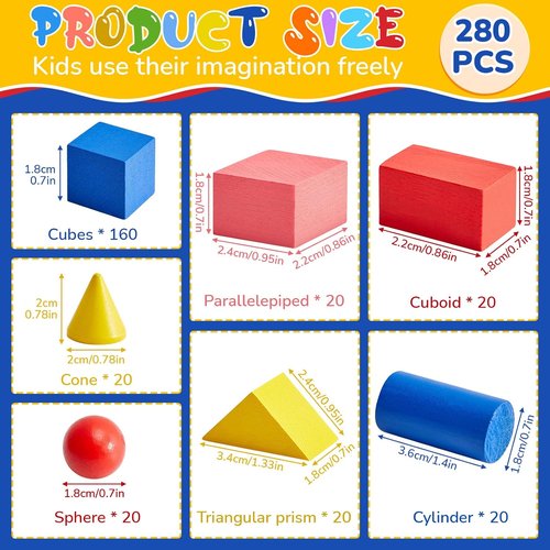 Hiboom 280 Pcs 3D Geometric Shapes - Colorful Educational Blocks for Math Learning | Classroom Manipulatives