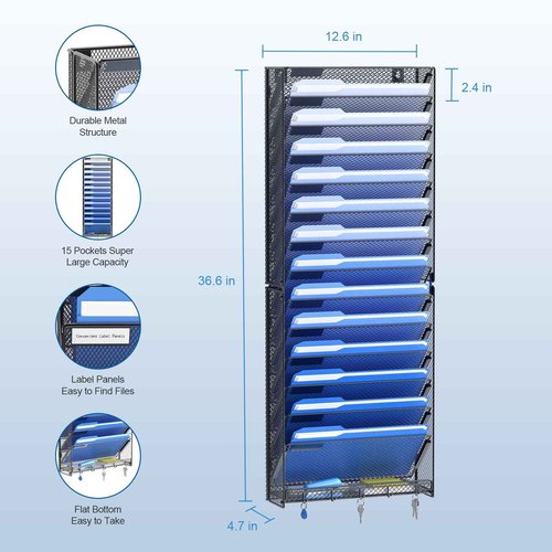 OUTWOLF 15 Tier Wall File Organizer with Hooks, Hanging Wall File Holder Wall Mount Paper Folder Organizer for Office, Magazine Rack