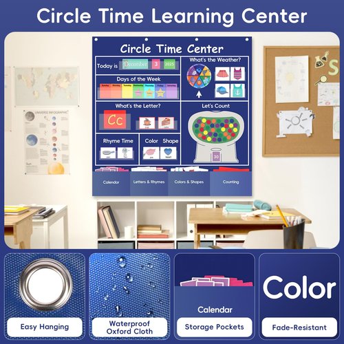Ottkids Circle Time Learning Center Classroom Pocket Chart,Circle Time Calendar Preschool Include 224 Cards, Educational Pocket Chart Material,Learning Calendar Weather Letter Counting Color Shape