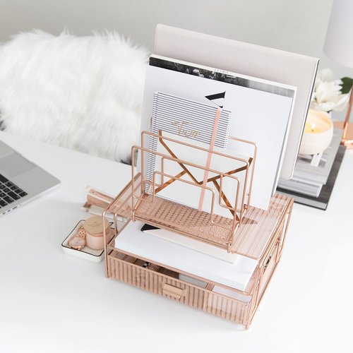 BLU MONACO Workspace Rose Gold Desk Organizer and Accessories Desktop Rack with File sorters and Drawer for Office Supplies, Paper, Device and Folder