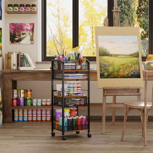 5-Tier Metal Rolling Utility Cart with Drawer, Craft Storage Cart with DIY Divider and Lockable Wheel, Versatile Paint Brush Holder & Paint Organizer & Craft Organizers and Storage for Drawing Room