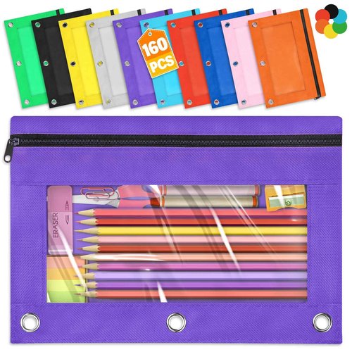 Pencil Pouch for 3 Ring Binder, 160 Packs Zipper Pencil Pouch Bulk in 10 Colors, Pencil Case for Binder with Clear Window for School, Home and Office