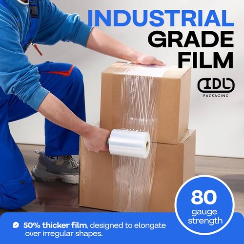 IDL Packaging 5"x 1000' Stretch Wrap Mini Roll of 80 Gauge with Extended Cardboard Handle (Pack of 8 Rolls) - Extra Sticky Clear Plastic Wrap Film - Great for Moving and Office Needs