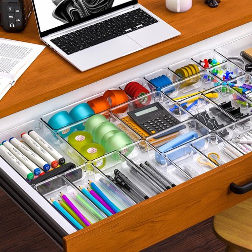Yieach 25 Pc Clear Plastic Drawer Organizer Set,4 Sizes In Drawer Organizer Trays for Bathroom,Office,Kitchen Cabinet and Vanity Organizers,Desk Drawers Organizer Bin for Jewelry,Cosmetic,Utensil,Junk