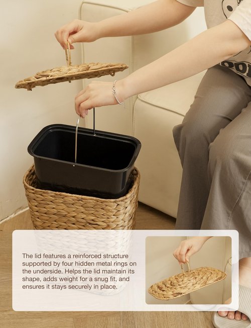 Tidita Wicker Waste Basket - Wicker Trash Can with Lid - Water Hyacinth Bathroom Garbage Can with a Lid - Bathroom Trash Can Boho Style - Removable Liner, Iron Frame (Natural, 4 Gallons)