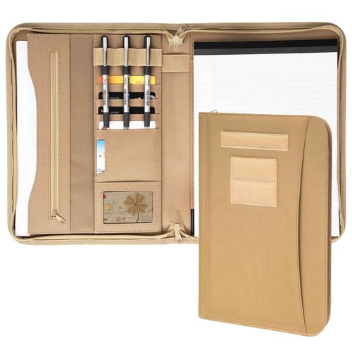 VEPKOIT Military Zippered Padfolio and Tactical Notebook Cover with Legal Pad for A4 Folder, Large OCP Binder Planner for Men and Women - Army Leaders Book Organizer(Coyote)