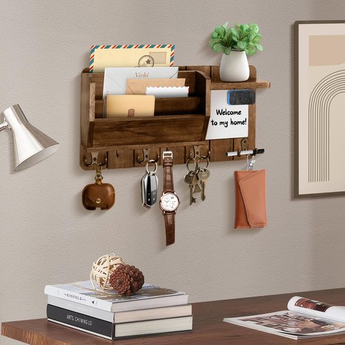 Wall Mounted Mail With message board and Holder Holder Wooden Key, With 4 Double Hook And a storage board, Key holder for wall, Country retro home decor, For living room and foyer storage（Wood brown）