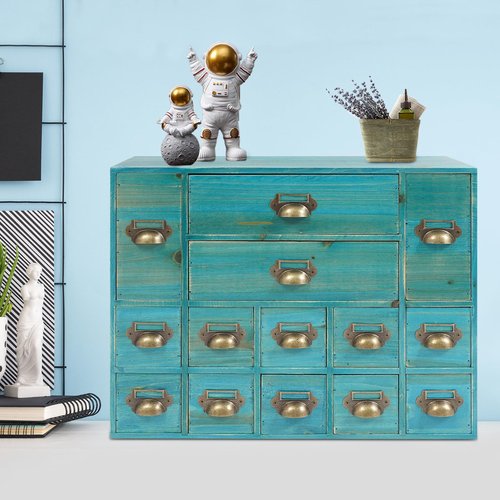 BuufuS Wooden Desk Drawer Organizer, 3 Sizes Vintage Apothecary Drawers Cabinet with 14 Drawers Label Frame Practical Card Catalog Cabinets for Household Office Medicine Tea Bags (Blue)