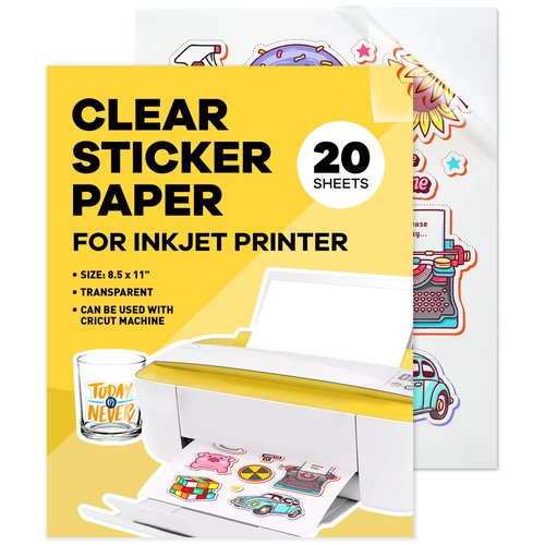 90% Clear Sticker Paper for Inkjet Printer - (20 Sheets), 8.5 x 11" Letter Size, Transparent Glossy, Printable Vinyl, Water-Resistant - Easy to Use for Creative Projects