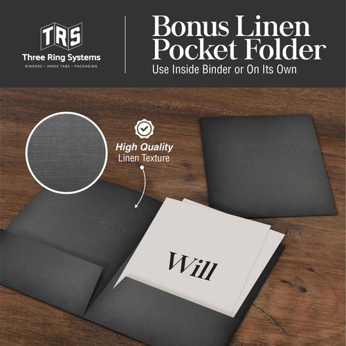 Estate Planning Binder DX Pre-Labeled Tabs, 1.5-Inch Angle D Ring, Faux Leather, Sheet Protectors– Organizing Wills, Trusts, Powers of Attorney & Final Wishes (Gold on Black - Deluxe) + Linen Folder