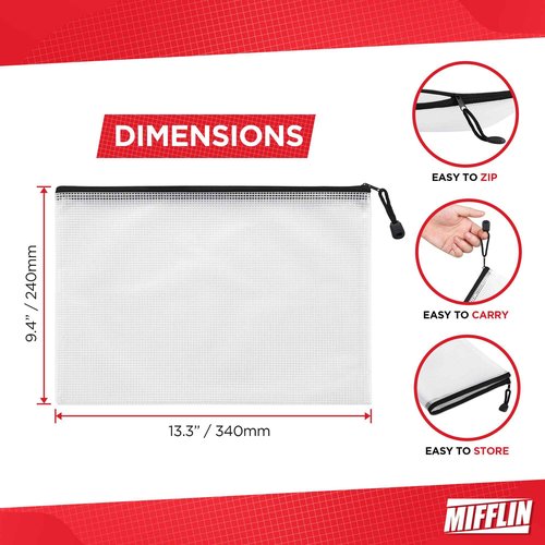 Mifflin-USA - Mesh Zipper Pouch Document Bag - Black, A4 Letter Size, 50 Pack - Clear Travel Zipper Bags - Waterproof Plastic Pouches - Large (L) Zip Pouch