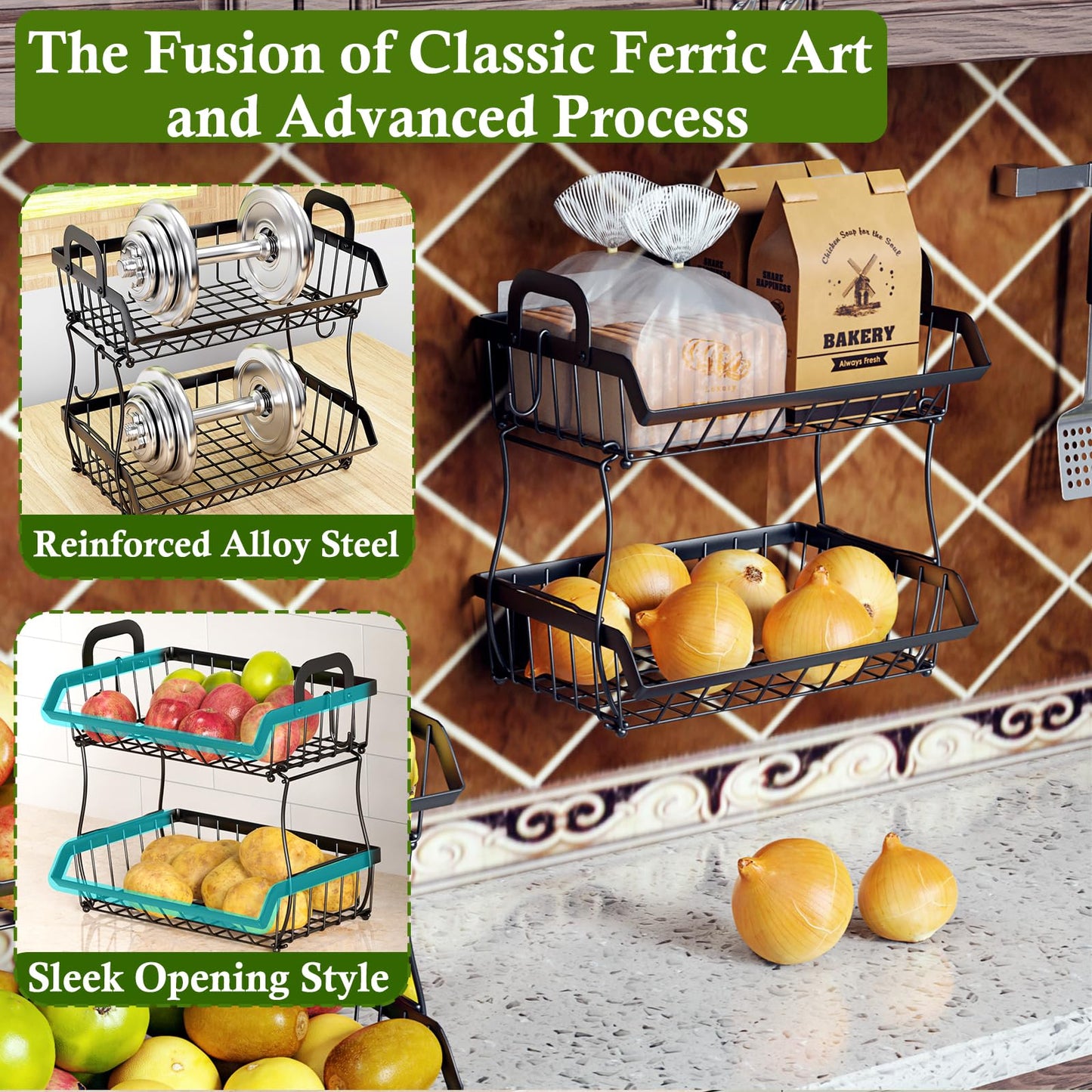 OKZEST 2-Tier Fruit Basket for Kitchen Counter with 2 Banana Hangers, Hanging Fruit Storage Basket Stand, Metal Fruit Organizer Bowl with Handles for Storage Potato Onion Bread Snack Vegetable