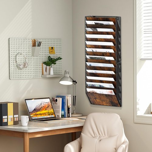 Solinxe 12-Pocket Wall File Organizer, Wood Mail Organizer Wall Mounted Paper Document Magazine Holder, Hanging Clipboard Storage Basket for Office Home School Organization, Black/Antique