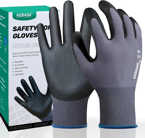 Kebada Nitrile Coated Work Gloves - 12 Pairs of Safety Gloves for Gardening & Light Duty | Large