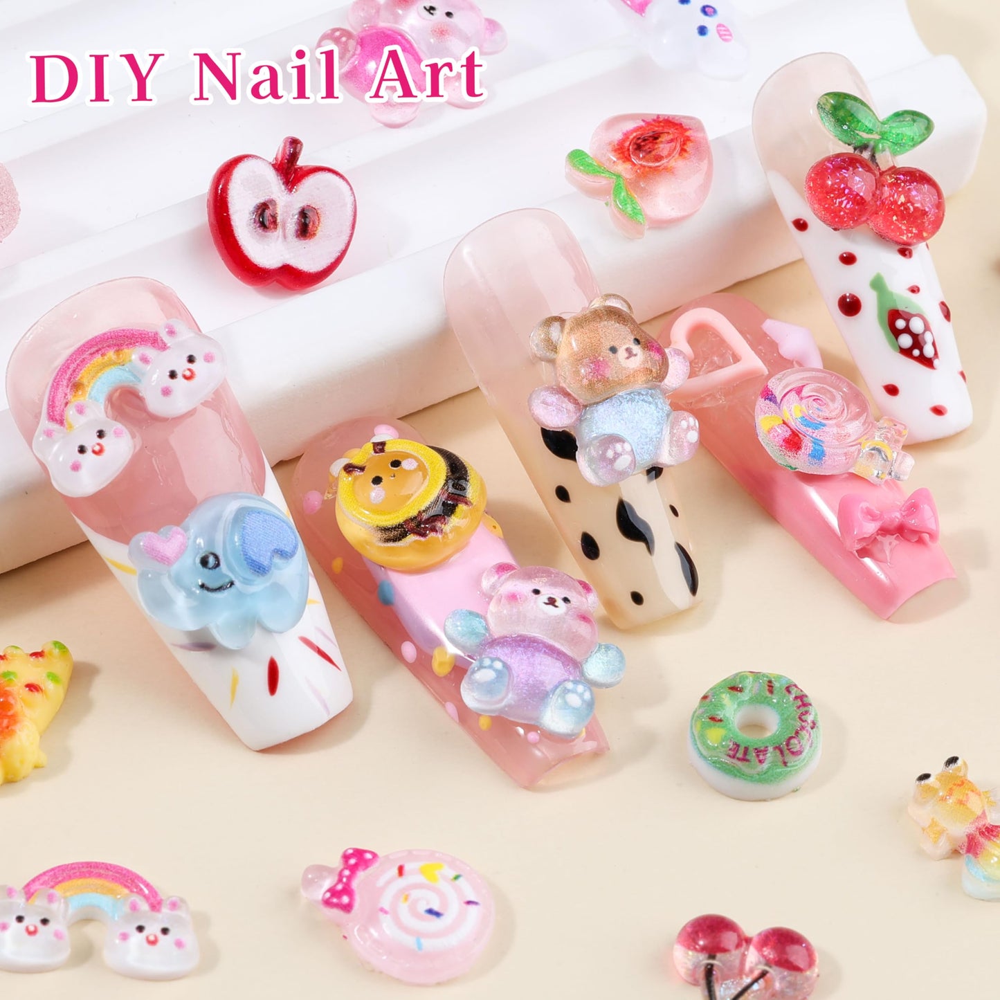 250Pcs 3D Kawaii Nail Charms Kit, Mixed Cartoon Candy Animal Fruit Resin Charms Flatback Gummy Bear Slime Charms Cute Star Heart Butterfly Daisy Flower Nail Supplies for Nails Phone Cases DIY Crafts