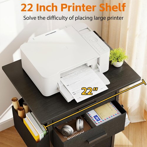 Mexin 3 Drawer File Cabinet - Mobile Printer Stand with 24'' Extended Desktop | Black, A4 Size, Home Office