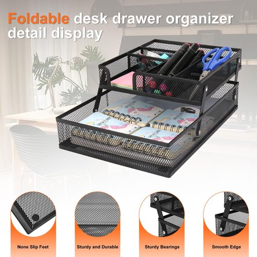 Desk Drawer Organizer Tray, Foldable Metal Mesh Wire, 2-Layer Mesh Tray, Desktop Accessory Organizer for Storing Office Supplies Scissors, Pens, A4 Paper, Stapler, Clips, Erasers