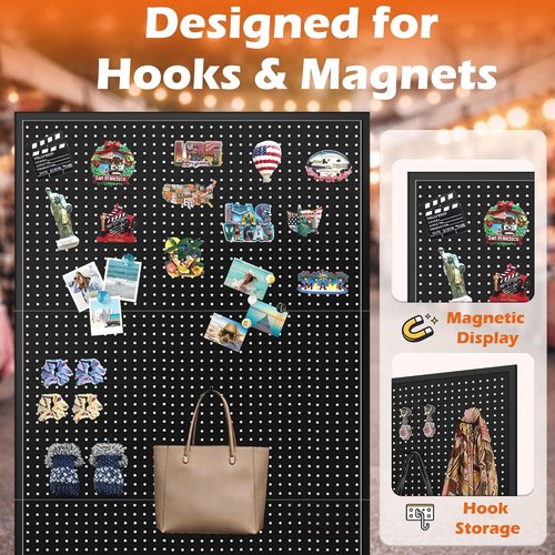 Royxen Metal Pegboard Display Stand - 3.5 x 6 Feet with 50 Hooks & Wheels | Black T-Base for Retail & Home