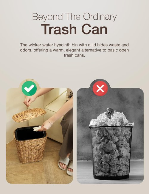 Tidita Wicker Waste Basket - Wicker Trash Can with Lid - Water Hyacinth Bathroom Garbage Can with a Lid - Bathroom Trash Can Boho Style - Removable Liner, Iron Frame (Natural, 4 Gallons)