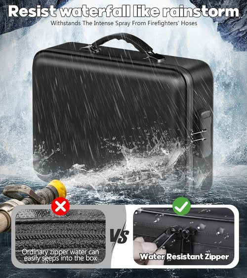 BigPonPon Fireproof Document Box, Hard Case Highly Flame-Resistant Fire Proof Waterproof File Organizer with Lock, Portable Fire Safe for Important Documents & Valuables Storage (Black, ‎15"*11"*5")