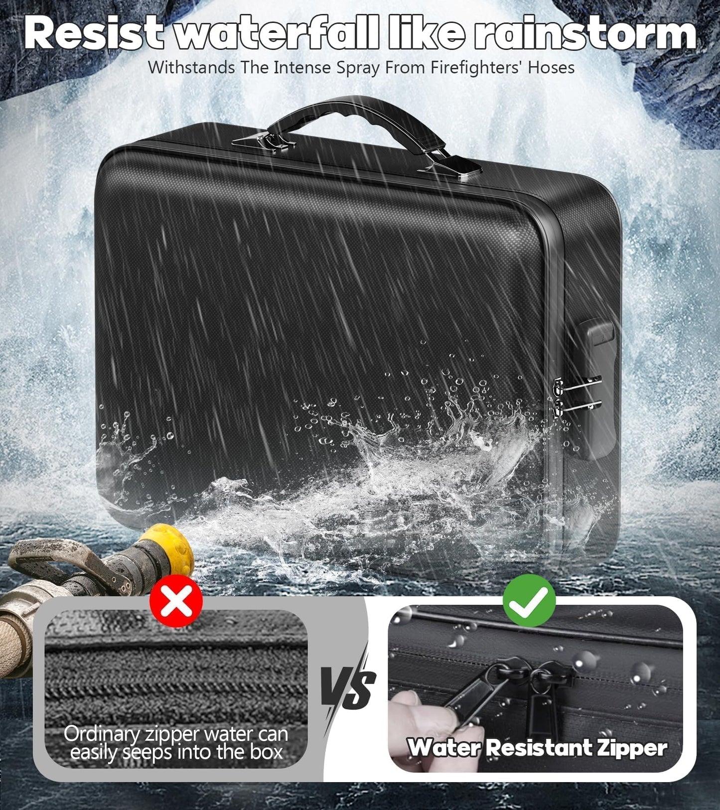 BigPonPon Fireproof Document Box, Hard Case Highly Flame-Resistant Fire Proof Waterproof File Organizer with Lock, Portable Fire Safe for Important Documents & Valuables Storage (Black, ‎15"*11"*5")
