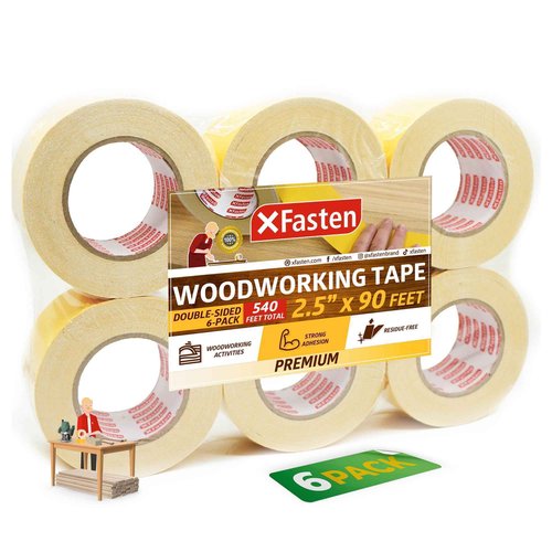 XFasten Double Sided Woodworking Tape 2.5 Inches x 90 Feet (6-Pack), Residue-Free Double Sided Tape for Wood Template, MDF, Metal, Edge Banding, Routing, Anchoring, Strong Adhesion but Surface-Safe