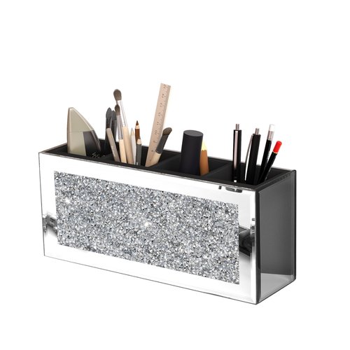 blingworld Mirrored Pen Holder 4 Compartments, Crushed Diamond Pencil Holder for Desk Glass Pen Organizer Cup for Countertop Accessory Storage, Silver