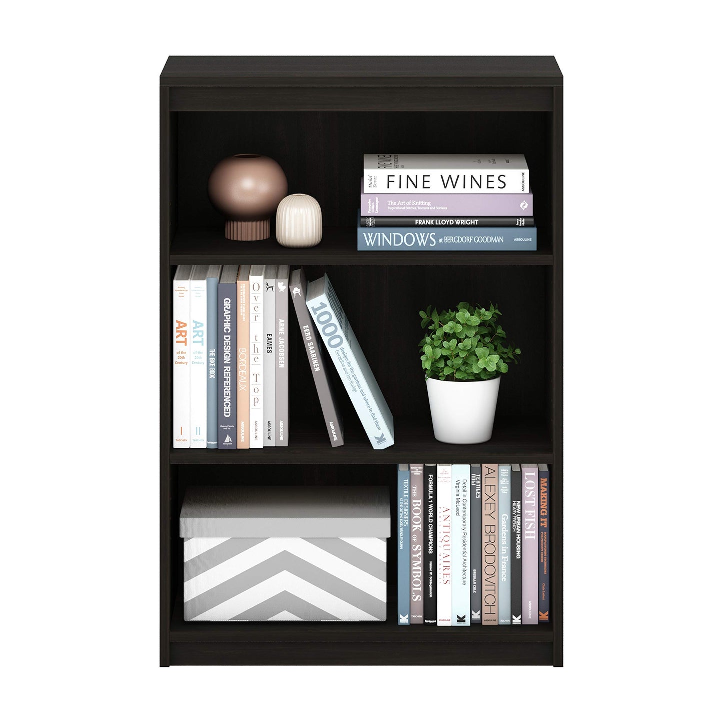 Furinno Gruen Book Shelf, 3-Tier Book Shelf, Bookcase with Adjustable Shelves, 11.7 x 24.5 x 35.9, for Organization and Storage, for Living Room, Bedroom, Home Office, Espresso