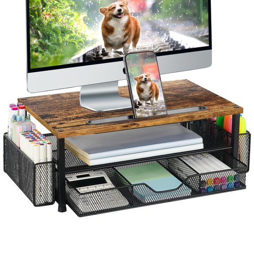 Wood Desk Organizers and Accessories, 2-Tier Computer Monitor Stand with Drawer, Pen Storage & Tablet Phone Holder, Office Desk Accessories, Workspace Desktop Organization for Office Supplies（Brown）