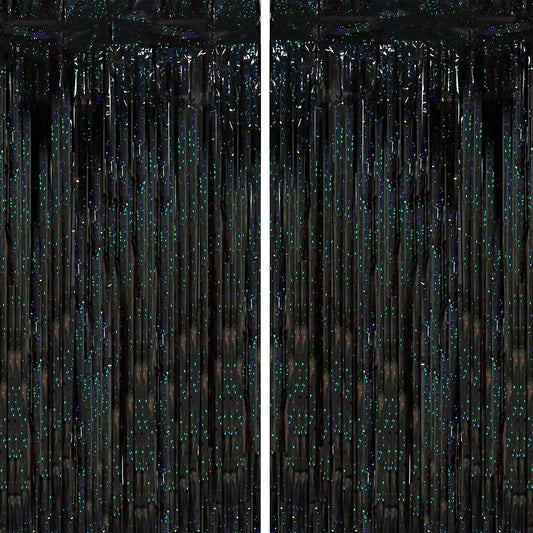 Voircoloria 2 Pack Black Tinsel Foil Fringe Curtains - Metallic Party Backdrop for Birthdays & Events