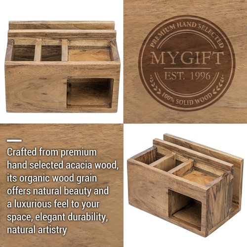 MyGift Rustic Solid Acacia Wood Office Desktop Stationery Organizer, Desk Caddy with Mail Slot, 2 Pen Holders, Sticky Note Storage, and Supplies Tray - Handcrafted in India