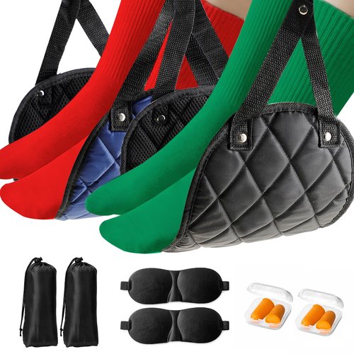 Premium 2-Pack Airplane Foot Hammock with 2 Eye Masks & 2 Earplugs Set - Adjustable Length Foot Rest for Comfortable Plane Travel, Portable Under Desk Flight Foot Leg Sling - Black & Blue