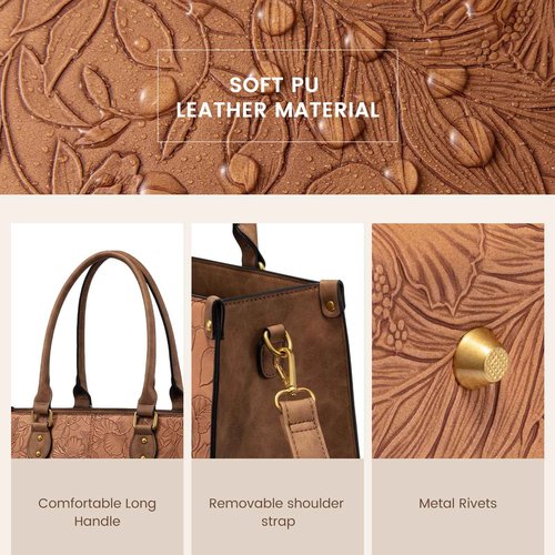 LOVEVOOK Laptop Tote Bag for Women, 15.6 Inch Large Capacity Vintage Leather Work Computer Bag, Business Casual Shoulder Handbag, Brown Embossed