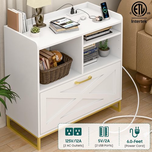 Lateral File Cabinet A Large Drawer File Cabinet with Charging Station for Home Office Furniture, Modern Farmhouse Wood File Storage Cabinet with Open Adjustable Shelves, White