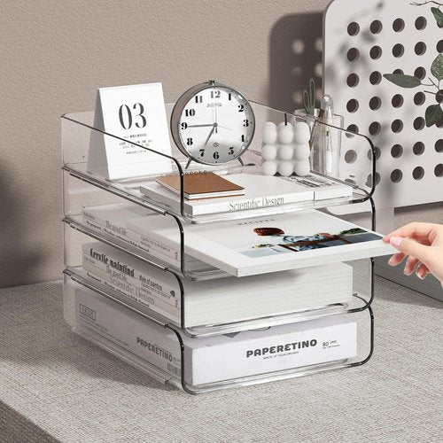 FANXIYQ 4-Tier Acrylic Paper Tray Organizer with Pen Holder | Clear Stackable Desk Organizer for Documents, Letters, A4 Paper | Modern Office/Classroom/Home Organization