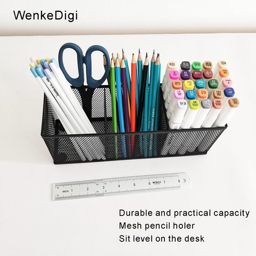 WenkeDigi New Pen Pencil Holder Metal Mesh Desk Organizer,3 Compartments Office Caddy Storage, Black Mesh Pencil Holder for School,Kitchen Utensil Storage, L10.43 x W3.35 x H4.04 inch (2 Pack)