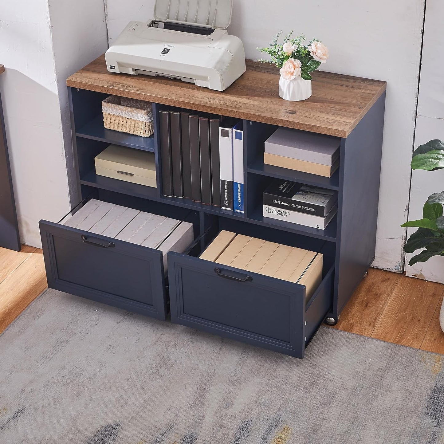 Skiennix Farmhouse Wood File Cabinet - Rolling Storage with 2 Drawers for Legal/Letter/A4 Size (Blue)