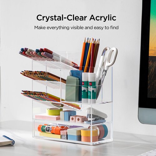 HBlife Acrylic Multi-Functional Pencil Organizer with Drawer, Large Clear Pen Holder for Desk, Desk Organizers and Accessories for Office Art Supplies, School and Home