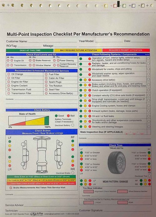 A Plus Dealer Supplies Multi-Point Inspection Checklist Per Manufacturer's Recommendation Forms, White/Multi-Colored - Quantity 250 AP-7291 (W15*)