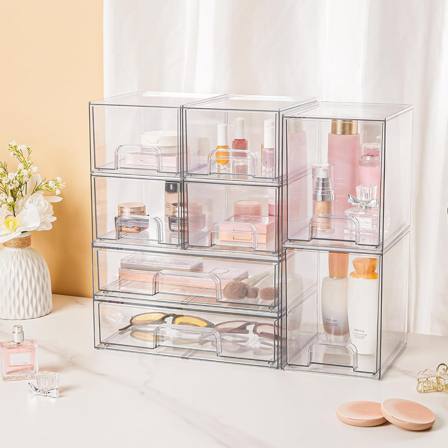 Vtopmart Stackable Storage Drawers - Clear Plastic Organizer Bins for Bathroom & Pantry | Set of 6