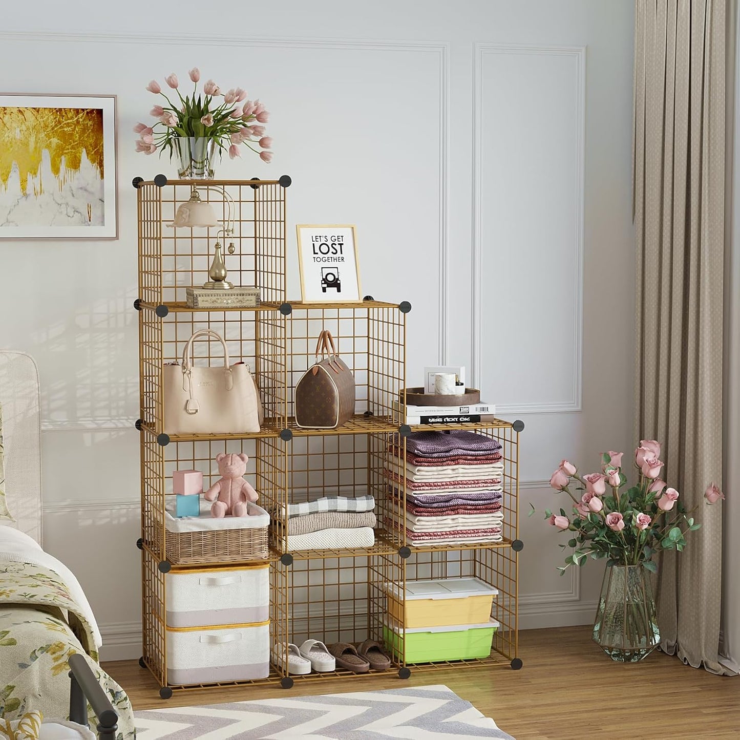 C&AHOME Wire Cube Storage - 9-Cube Organizer with Modular Metal Grids | Ideal for Home & Office, Brown, 36.6”L x 12.4”W x 48.4”H