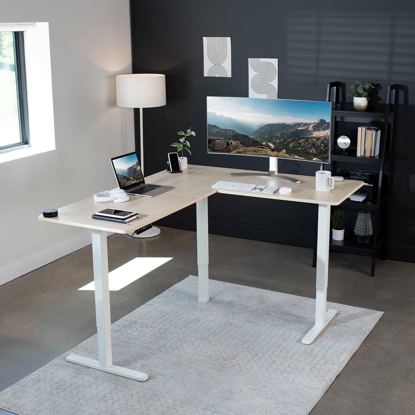VIVO L-Shaped Standing Desk - 63 x 55 Inch Electric Height Adjustable Workstation | Light Wood Top & White Frame