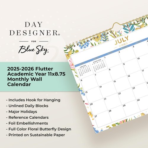 Blue Sky Day Designer 2025-2026 Monthly Academic Year Wall Calendar, July 2025 - June 2026, 11" x 8.75", Durable Twin Wire Binding, Perfect For Home, Office And Classroom, Flutter